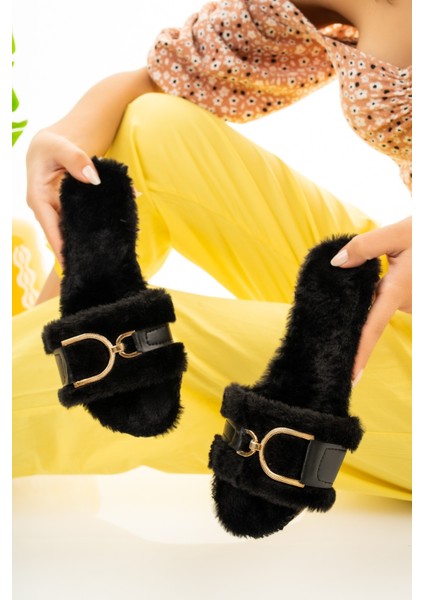 Siyah Kadın Tüylü Terlik D Toka Pofuduk Rahat Ev Terliği Çeyiz Bohça Lohusa Misafir Terliği