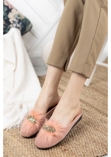 Pudra Pembe Tüylü Taşlı Kadın Terlik Tüylü Şık Ev Terliği Süslü Çeyiz Doğum Misafir Yılbaşı Terliği