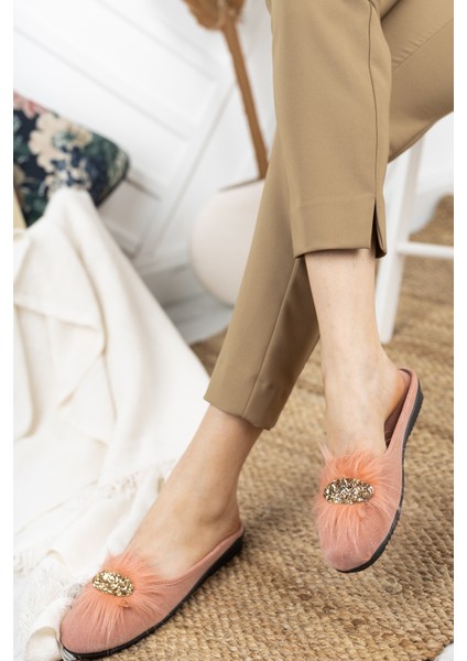 Pudra Pembe Tüylü Taşlı Kadın Terlik Tüylü Şık Ev Terliği Süslü Çeyiz Doğum Misafir Yılbaşı Terliği fiyatları