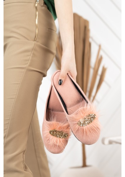 Pudra Pembe Tüylü Taşlı Kadın Terlik Tüylü Şık Ev Terliği Süslü Çeyiz Doğum Misafir Yılbaşı Terliği fırsatları