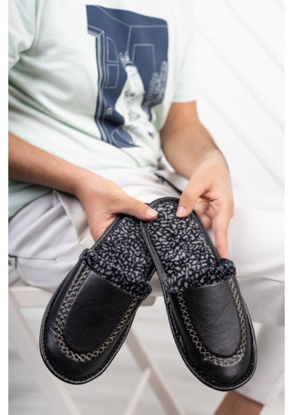 Siyah Deri Görünümlü Erkek Önü Kapalı Terlik Kışlık Hafif Terlik Misafir Çeyiz Damat Terliği