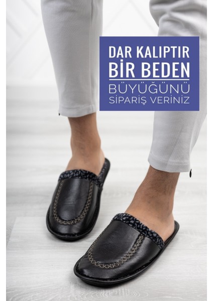 Siyah Deri Görünümlü Erkek Önü Kapalı Terlik Kışlık Hafif Terlik Misafir Çeyiz Damat Terliği fiyatları