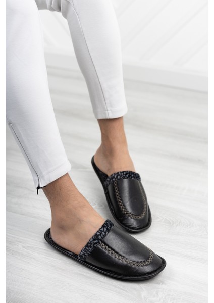Siyah Deri Görünümlü Erkek Önü Kapalı Terlik Kışlık Hafif Terlik Misafir Çeyiz Damat Terliği modelleri
