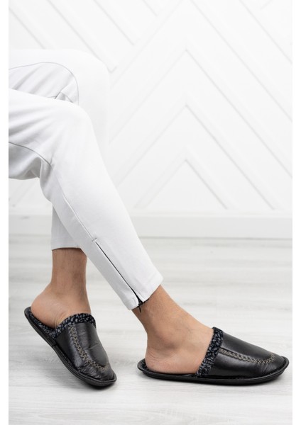 Siyah Deri Görünümlü Erkek Önü Kapalı Terlik Kışlık Hafif Terlik Misafir Çeyiz Damat Terliği fırsatları