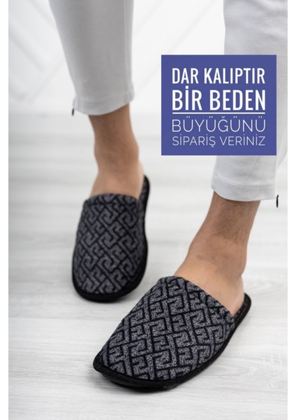 Siyah Kareli Erkek Önü Kapalı Terlik Peluş Yıkanabilir Ev Terliği Misafir Çeyiz Damat Terliği