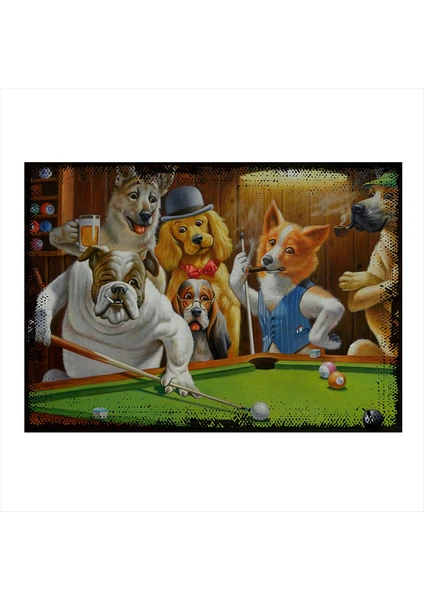 Ahşap Tablo Bilardo Oynayan Köpekler 50Cm x 70Cm