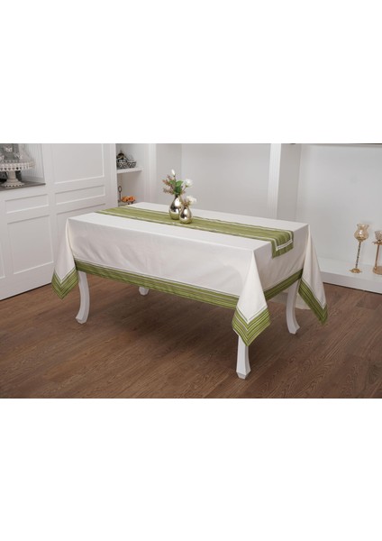 Julyet Pamuk Krem Yeşil Masa Örtüsü ve Runner 170X230 cm 2 Prç. - 1316