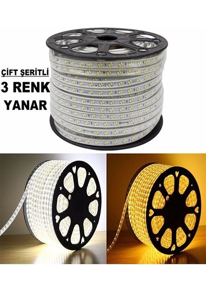 Çift Şeritli 3 (Gün Işığı,Beyaz)Renkli Esnek Hortum Led + 220V FIŞ/2,3,4,5,10,15,20,25,50,100 Metre