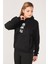 Kadın Kanguru Cep Kapüşonlu Sırt Baskılı Sweatshirt Siyah 1