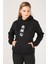 Kadın Kanguru Cep Kapüşonlu Sırt Baskılı Sweatshirt Siyah 3