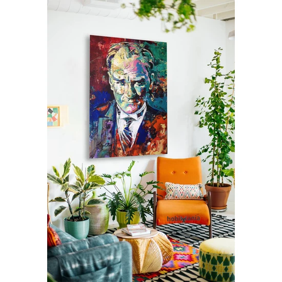 Hobimania Kanvas Tablo Mustafa Kemal Atatürk Yağlı Boya Efektli Renkli Duvar Dekorasyon Moda Tablo