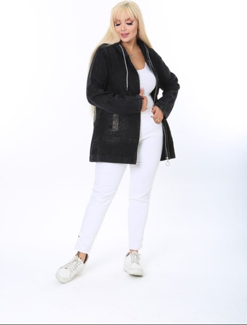 Haimoda Kadın Kot Mont Büyük Beden Taş Işli Kapüşonlu görsel 2