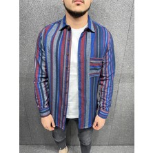 Erkek Mavi-Bordo Çizgili Slim-Fit Gömlek