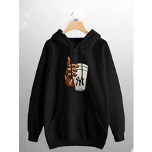 New Cabin Unisex Siyah Bardak Newyork Baskılı Kapüşonlu Sweatshirt