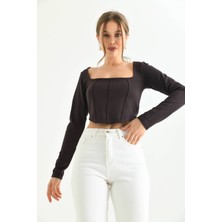 Moviment Çikolata Kahve Önü Şerit Detaylı Kare Yaka Crop Bluz