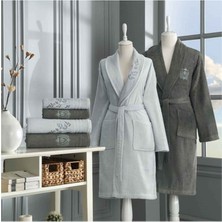 Özdilek Soft Leaf Aile Bornoz Seti Gri-Antrasit