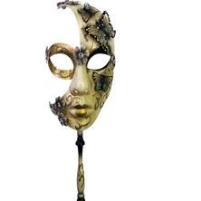 Lisinya Çiçekli Orjinal Masquerade Sopalı Venedik Maskesi El Işlemeli Siyah Renk