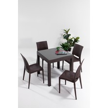 ModaLife Rattan Small Camlı Kahve Masa Takımı Bahçe&balkon 1 Camlı Masa + 4 Sandalye