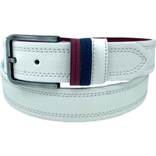 Beyaz Suni Deri Çift Dikişli Model 4 Cm.lik Spor Kemer - 9016-10-22RL