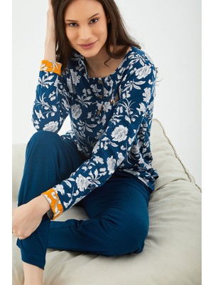 Pierre Cardin 8417 Mavi Kadın Uzun Kol Pijama Takım