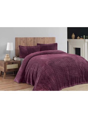 Merinos Modern Line Zikzak Çift Kişilik 3 Parça Battaniye Seti -Mürdüm