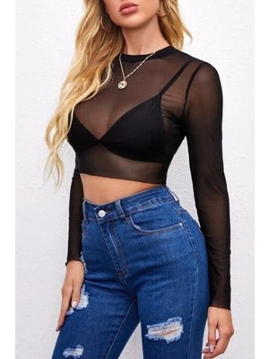 Quella Atelier Siyah Tül Crop Top Bluz Uzun Kollu Transparan Sexy