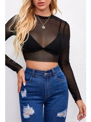 Quella Atelier Siyah Tül Crop Top Bluz Uzun Kollu Transparan Sexy