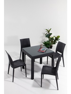 Mobetto Rattan Camlı 80X80 Bahçe&balkon&teras Masa Seti – Antrasit