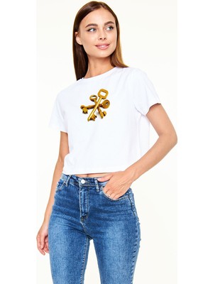 Tişört Fabrikası Anahtarcı Baskılı Beyaz Crop Top