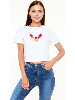 Tişört Fabrikası Baykuş Baskılı Beyaz Crop Top