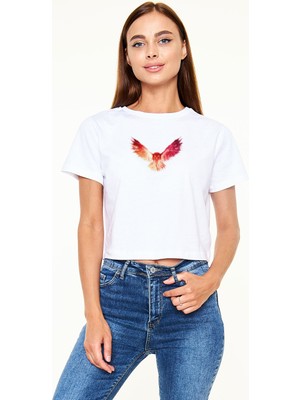 Tişört Fabrikası Baykuş Baskılı Beyaz Crop Top