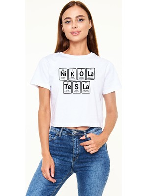 Tişört Fabrikası Elementlerden Oluşan Nikola Teslabaskılı Beyaz Crop Top