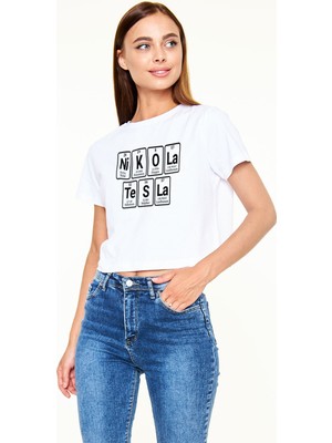 Tişört Fabrikası Elementlerden Oluşan Nikola Teslabaskılı Beyaz Crop Top