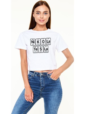 Tişört Fabrikası Elementlerden Oluşan Nikola Teslabaskılı Beyaz Crop Top