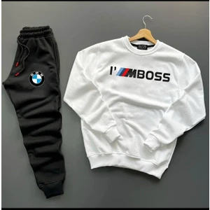 New Cabin Yeni Sezon I'm Boss Baskılı Pamuklu Sıfır Yaka Sweat-Pamuklu Kışlık Eşofman Altı 2'li Takım