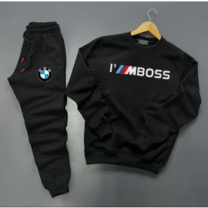 New Cabin Yeni Sezon I'm Boss Baskılı Pamuklu Sıfır Yaka Sweat-Pamuklu Kışlık Eşofman Altı 2'li Takım