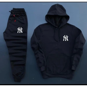 New Cabin Yeni Sezon Unisex Ny Baskılı Siyah Pamuklu Hoodie- Pamuklu Siyah Eşofman Altı Takım 2'li