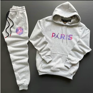 New Cabin Yeni Sezon Unisex Paris Baskılı Gri Pamuklu Hoodie- Pamuklu Siyah Eşofman Altı Takım 2'li