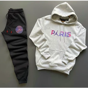 New Cabin Yeni Sezon Unisex Paris Baskılı Gri Pamuklu Hoodie- Pamuklu Siyah Eşofman Altı Takım 2'li