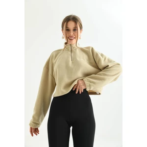Bej Fermuar Detay Nakışlı Sweatshirt
