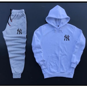 New Cabin Yeni Sezon Unisex Paris Baskılı Gri Pamuklu Hoodie- Pamuklu Siyah Eşofman Altı Takım 2'li