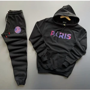 New Cabin Yeni Sezon Unisex Paris Baskılı Gri Pamuklu Hoodie- Pamuklu Siyah Eşofman Altı Takım 2'li