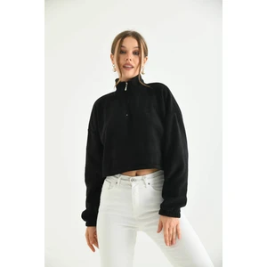 Siyah Fermuar Detay Nakışlı Sweatshirt