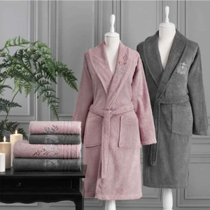 Soft Leaf Aile Bornoz Seti Pembe-Antrasit