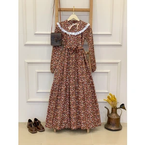 Küçüğüm Butik Tesettür Vintage Seyyar Yakalı Kahve Çiçekli Kat Kat Elbise