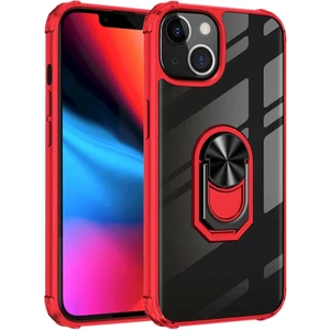 Apple iPhone 13 Mini Kılıf Silikon Kenarlı Stand Yüzüklü Manyetik Mola Kapak Kırmızı