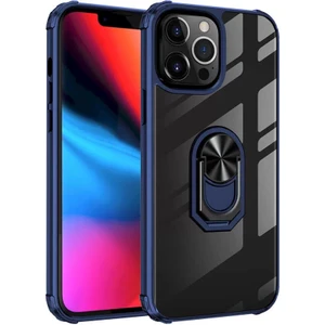 Apple iPhone 13 Pro Kılıf Silikon Kenarlı Stand Yüzüklü Manyetik Mola Kapak Lacivert