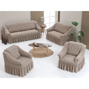 Jakarlı Damask Koltuk Örtüsü Standart Takım (3+2+1+1)-Taş