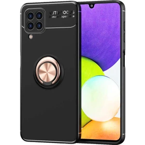 Samsung Galaxy A22 4g Kılıf Ravel Yüzüklü Mıknatıslı Stand Focus Silikon Siyah-Rose Gold