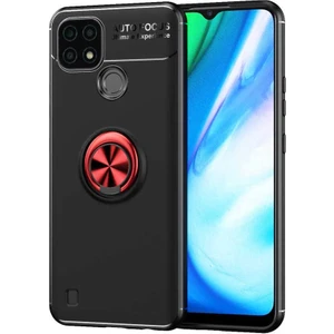 Realme C25 Kılıf Ravel Yüzüklü Mıknatıslı Stand Focus Silikon Siyah-Kırmızı